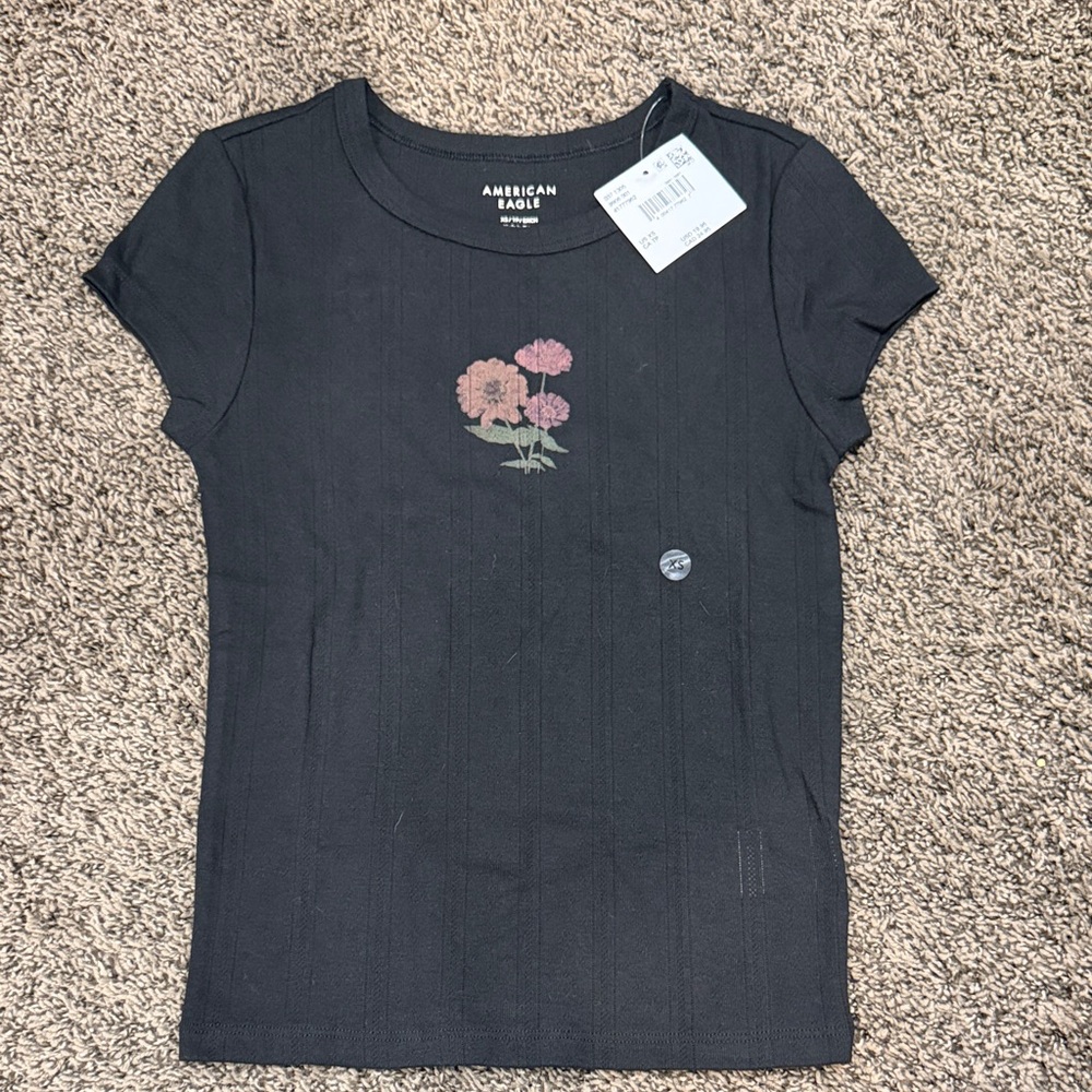 American Eagle Outfitters Black Tee with Floral Design